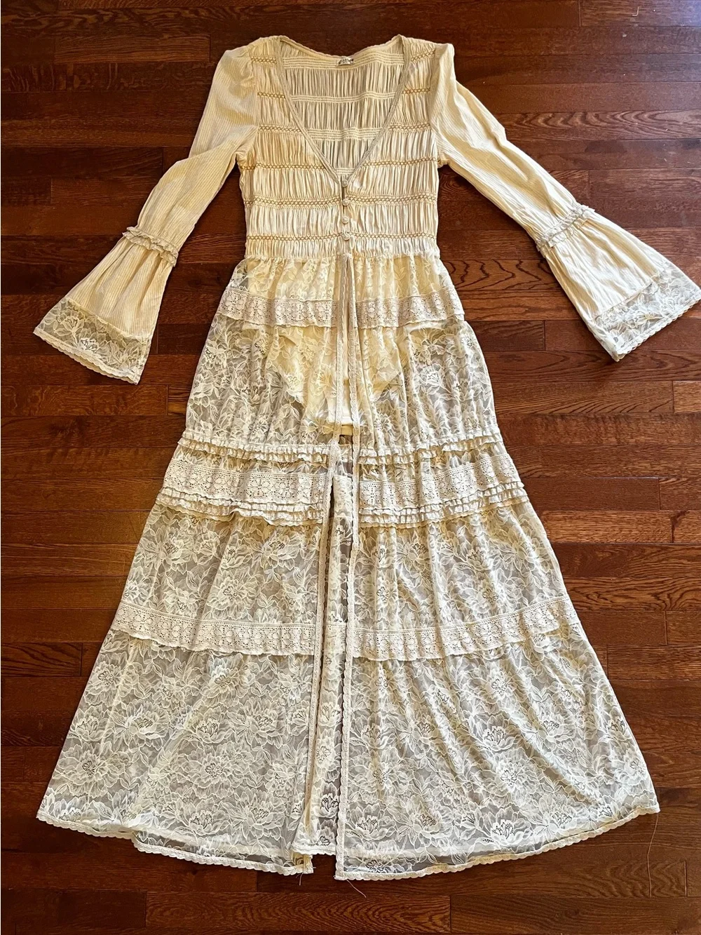 Free People Sheer Lace Tiered Maxi bodysuit duster in Beige. New no tags